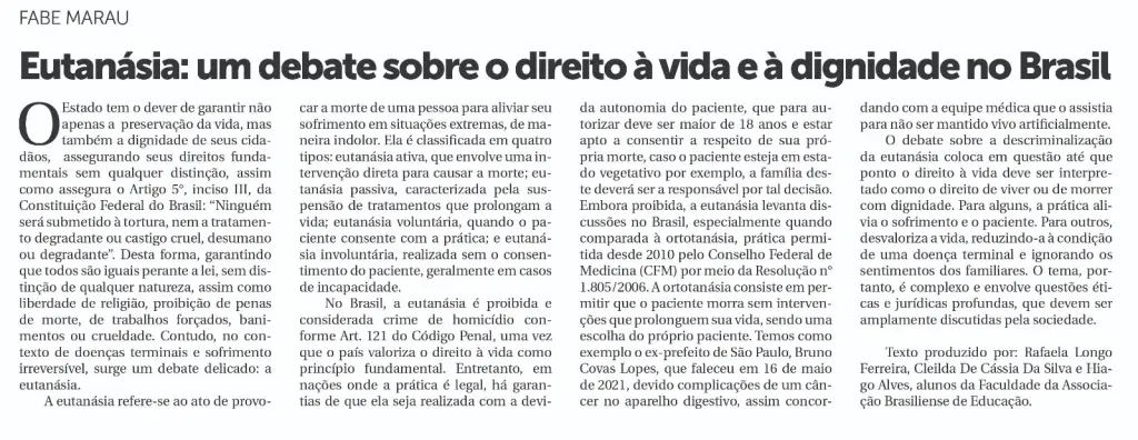 Acadêmicos de Direito da FABE Marau publicam artigo sobre eutanásia e direito à vida